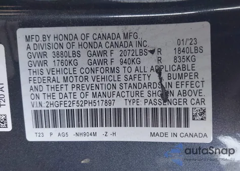 2023 Honda Civic Sport from USA, damaged, VIN 2HGFE2F52PH517897